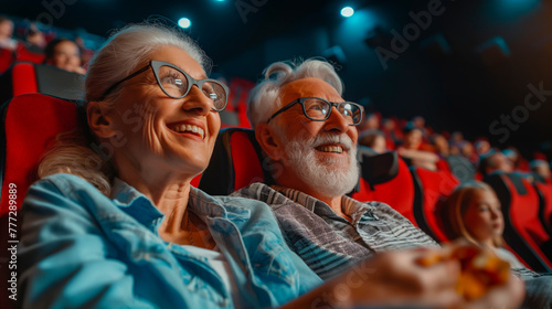elderly man and woman watching a movie in a cinema laughing, rejoicing