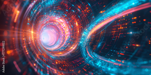 data tunnel in cyberspace, with glowing binary code , high-speed information transfer concept, galactic plane slices,celestial equator ,ecliptic, the path of the Sun on the sky, space galactic economy photo