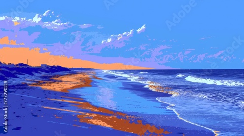 A colorful painting of a beach with waves and clouds, AI