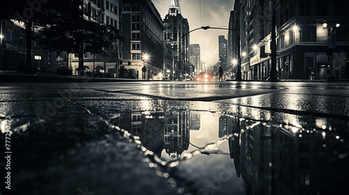 Lightning reflected in a puddle on a city street, AI Generative