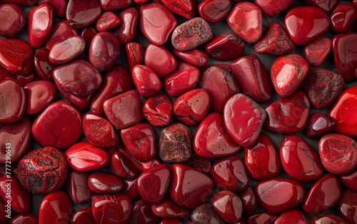 A captivating collection of polished and natural red jasper stones in various shades, shapes, and sizes, creating an alluring and vibrant visual tapestry. photo