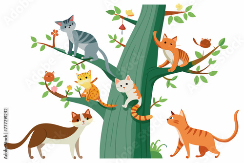 cats climb up a tree trunk   white background