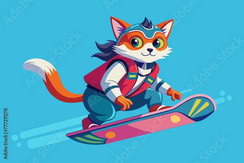 cat flying on hoverboard, 80's back to the future, isolated