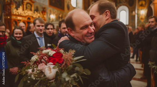 Joyful wedding day with a loving embrace between the gay couple