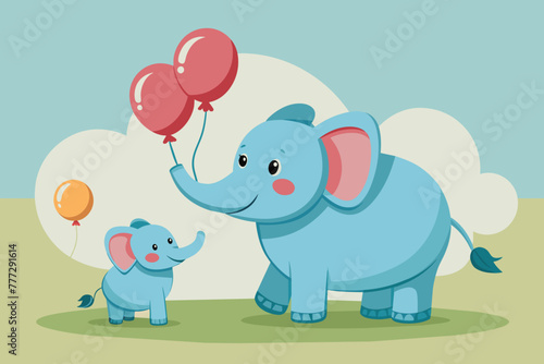 Baby elephant plays with helium balloons with mother elephant