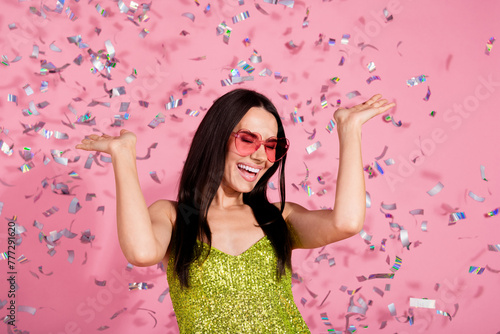 Photo of crazy cool funky positive girl wear stylish clothes dance night club isolated on pink color background