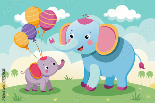 Fototapeta Naklejka Na Ścianę i Meble -  Baby elephant plays with helium balloons with mother elephant