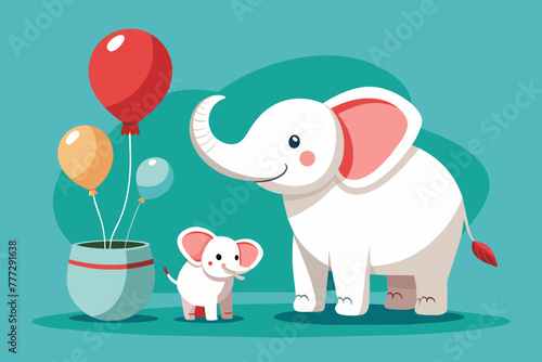 Baby elephant plays with helium balloons with mother elephant