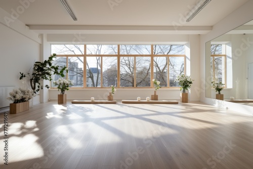 Minimalistic bright interior, modern home decor and yoga studio design for relaxation and serenity.