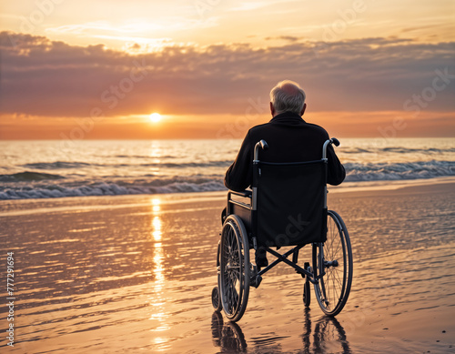 An elderly person in a wheelchair watching the sunset on a beach.