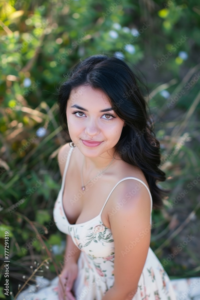 candid photo of a black haired, brown eyed woman candid photo of a black haired, brown eyed woman