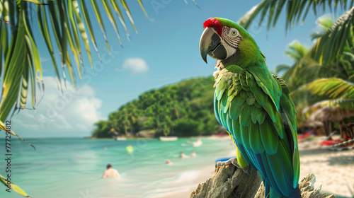 Green macaw parrot on a luxurious background with the ocean