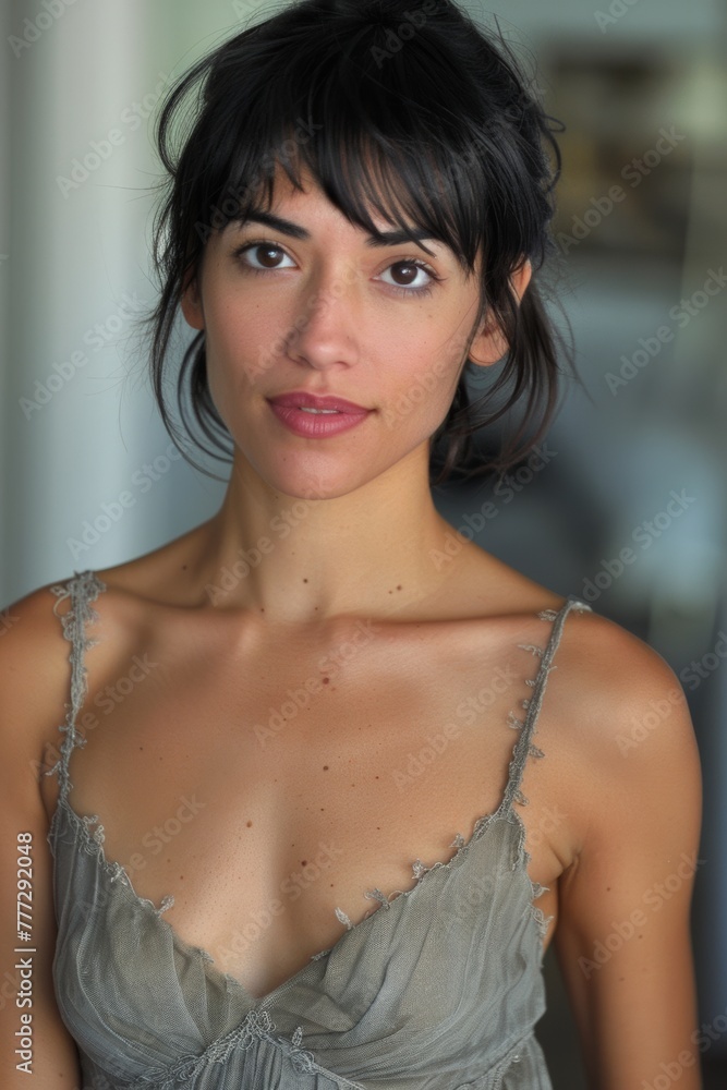 candid photo of a black haired, brown eyed woman in a dress candid photo of a black haired, brown eyed woman in a dress