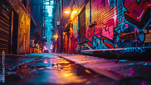 Urban alley at night, infused with colorful graffiti, capturing the vibrant essence of city life