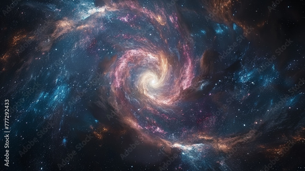 A spiral galaxy in space with stars and a bright blue center, AI A spiral galaxy in space with stars and a bright blue center, AI