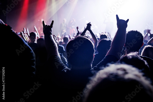 Live concert, where silhouetted figures are immersed in the euphoria of music, their hands raised in unison