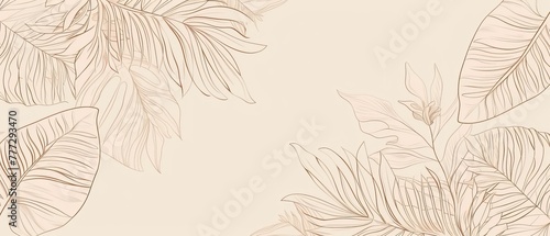 Abstract foliage line art modern background. Tropical leaves, leaf branch, plants in hand drawn pattern on beige. Botanical jungle pattern for banners, prints, decor, fabrics.