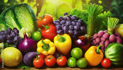 market with a colorful variety of fresh fruits and vegetables under soft light.