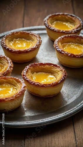 Freshly baked tarts with a rich custard filling and flaky pastry on a metal tray presented on a rustic wooden background