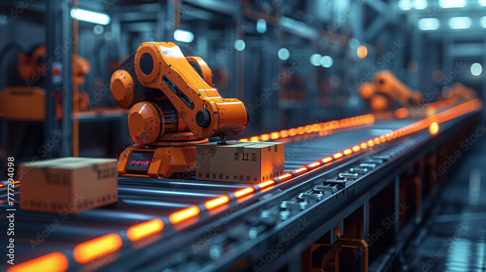 Robotic Precision in Modern Warehouse. An orange robotic arm poised over a conveyor belt in an automated warehouse. Robotic Precision in Modern Warehouse. An orange robotic arm poised over a conveyor belt in an automated warehouse.