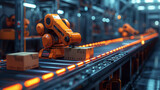 Robotic Precision in Modern Warehouse. An orange robotic arm poised over a conveyor belt in an automated warehouse.
