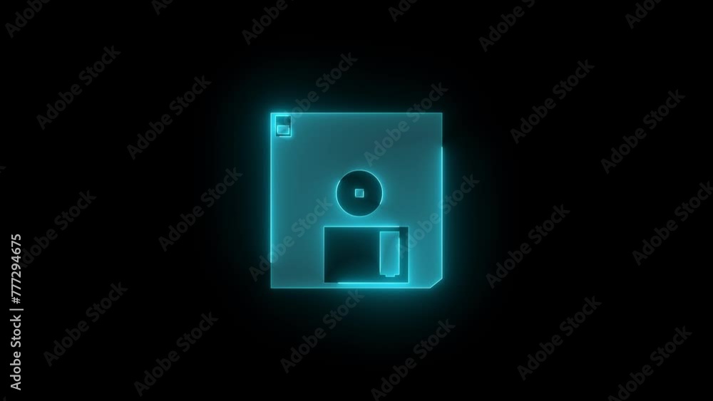 Floppy disk icon glowing neon cyan color animation on black background Floppy disk icon glowing neon cyan color animation on black background