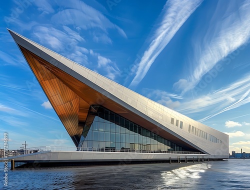 A photo of the new building in the isolated Dutch city at sea, with a glass and steel architecture of a triangular shape