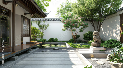 A modern courtyard with Japanese-style elements, featuring white walls and black tiles. © Kien