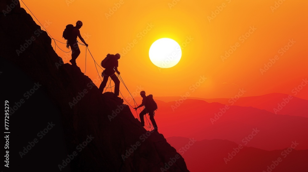 Fototapeta premium A group of people climbing a mountain at sunset, AI