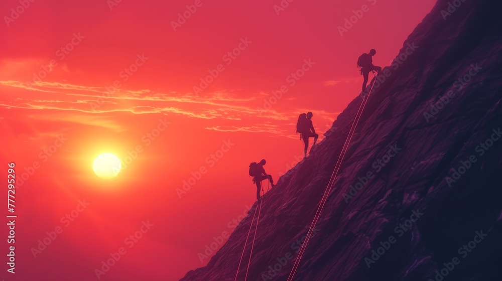 A group of people climbing a mountain with the sun setting in front, AI