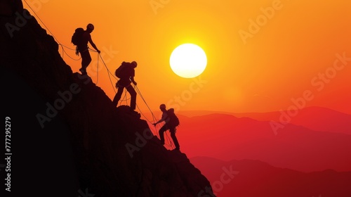 A group of people climbing a mountain at sunset, AI