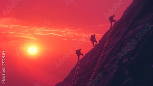 A group of people climbing a mountain with the sun setting in front, AI