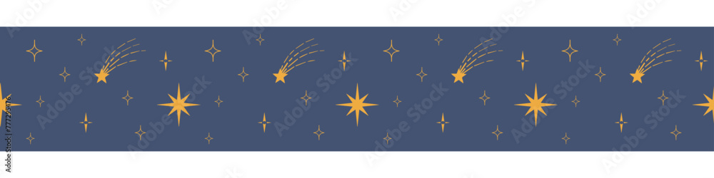 Vector border frame with hight sky, stars. Seamless masking tape. Horizontally repeatable. Hand drawn style. Boho vector print. Gold color. Vector border frame with hight sky, stars. Seamless masking tape. Horizontally repeatable. Hand drawn style. Boho vector print. Gold color.