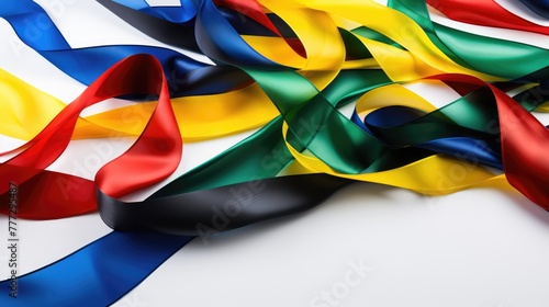 abstract background with Olympic ribbons of blue, black, red, yellow, green colors on a white background, Olympic Games 2024 France, Paris photo