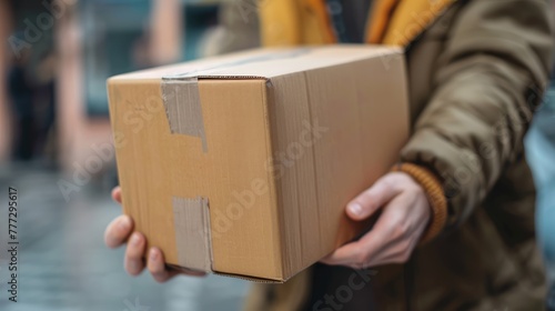 Close-up of a worker carrying cardboard box while making a delivery.  © VIK