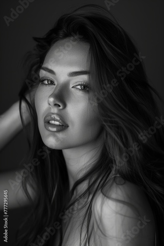 portrait of a beautiful woman with a long hair, black and white,