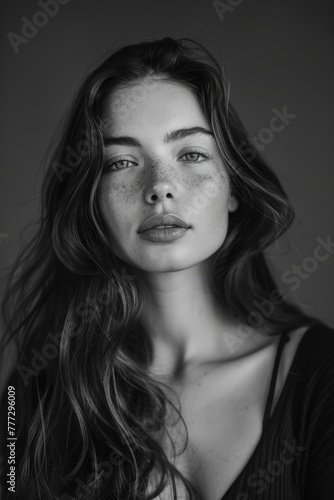 portrait of a beautiful woman with a long hair, black and white,