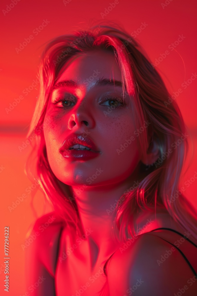 Portrait of a blonde woman in red light