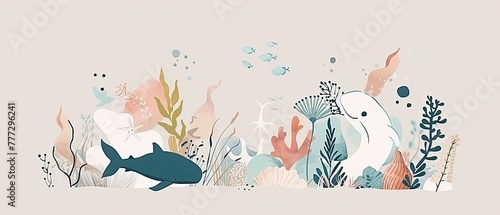 A drawing of seashells, fish, whales, seahorses, tunas, jellyfish, seaweed, anchors, corals, cockleshells and whales. Flat cartoon modern illustration of the underwater world. photo