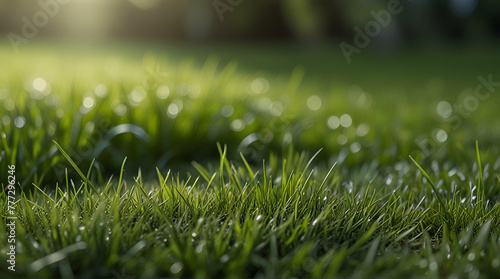 Juicy young green grass illuminated by the sun. The sunlight dazzled on the grass.generative.ai