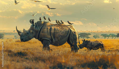 a rhinoceros and its calf walking in the savannah  with birds perched on their backs