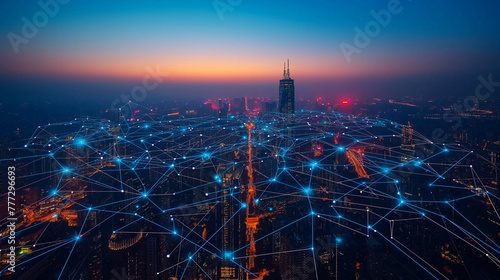 Cityscape, telecommunication and communication network concept. Smart city and digital transformation. Big data connection technology.