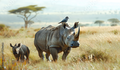 a rhinoceros and its calf walking in the savannah, with birds perched on their backs © Kien