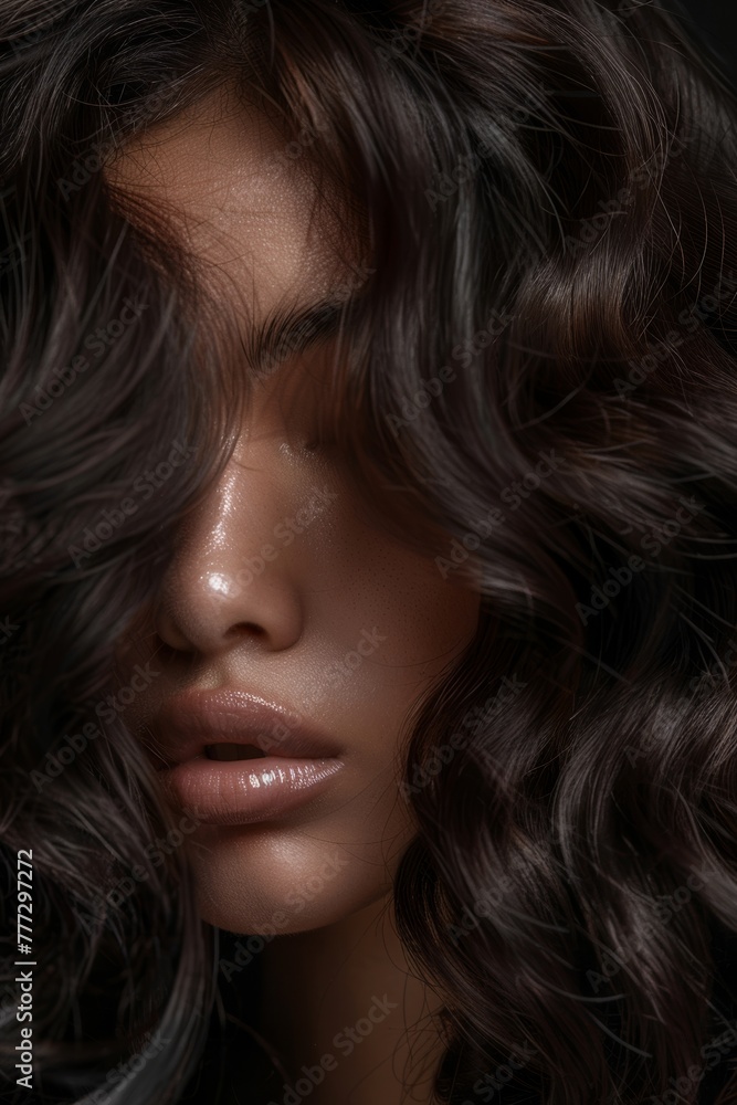 woman with long angular hair blowing out the curls, in the style of rich textures woman with long angular hair blowing out the curls, in the style of rich textures