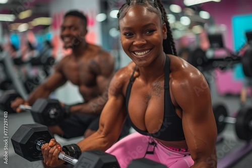 A woman and a man with dumbbells, showcasing their sculpted bodies and radiant smiles in a vibrant fitness studio setting