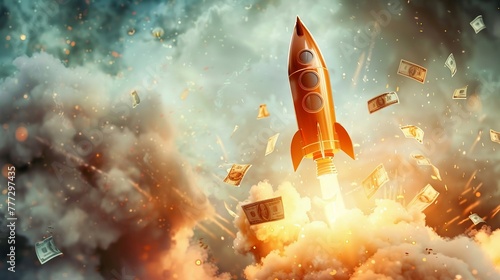 A money rocket blasting off symbolizing the excitement and potential of a prosperous venture fueled by wealth and ambition