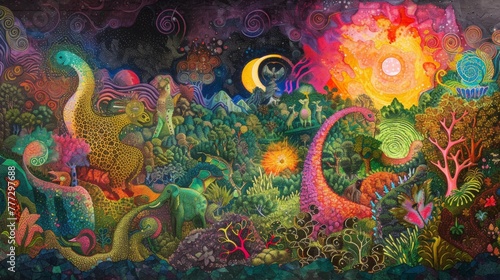 A painting of a colorful landscape with many different animals, AI
