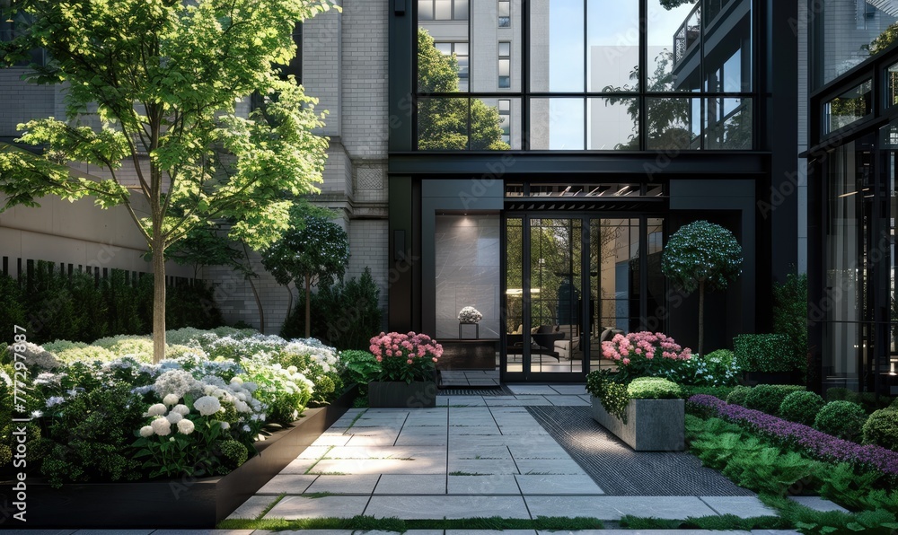 Obraz premium Modern building entrance with lush green plants and flowers