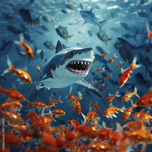 A large shark amidst a school of tiny goldfish, showcasing the concept of high stakes in business operations