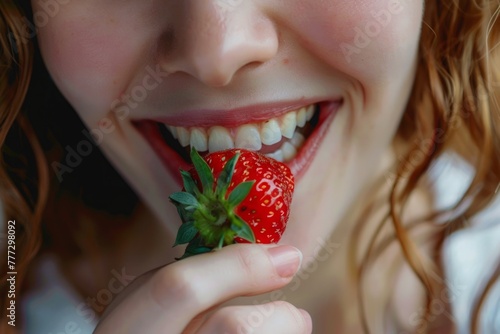 The close-up of the strawberry and woman's mouth immerses viewers in the sensory pleasure of eating. The woman's smiling expression brightened as she tasted the freshly picked strawberry